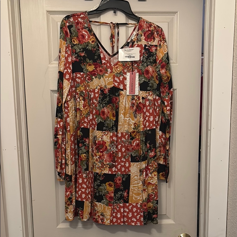 ANDREE BY UNIT Orange Brown Long Sleeve V-Neck Sundress